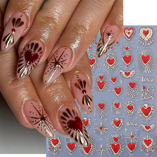 2 Sheets Red Heart Nail Stickers 3D Self-Adhesive Gold Silver Nail Decals Sun Moon Star Nail Stickers Bohemia Manicure Decorations for Women