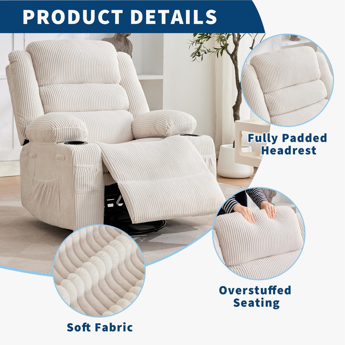 Rocking Recliner Chair for Adults Wide 360° Swivel Rocker Recliner with Cup Holder Nursery Glider with Upholstered Deep Seat Corduroy Lazy boy Chair for Living Room Beige