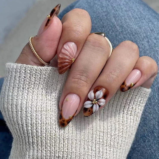 Almond Press on Nails Medium Glue on Nail with 5D Rhinestones Flower Charm Design Glossy Tortoise Shell French Tips Acrylic Nails Ombre Brown Fake Nails Fall Winter Nail for Women Manicure 24Pcs