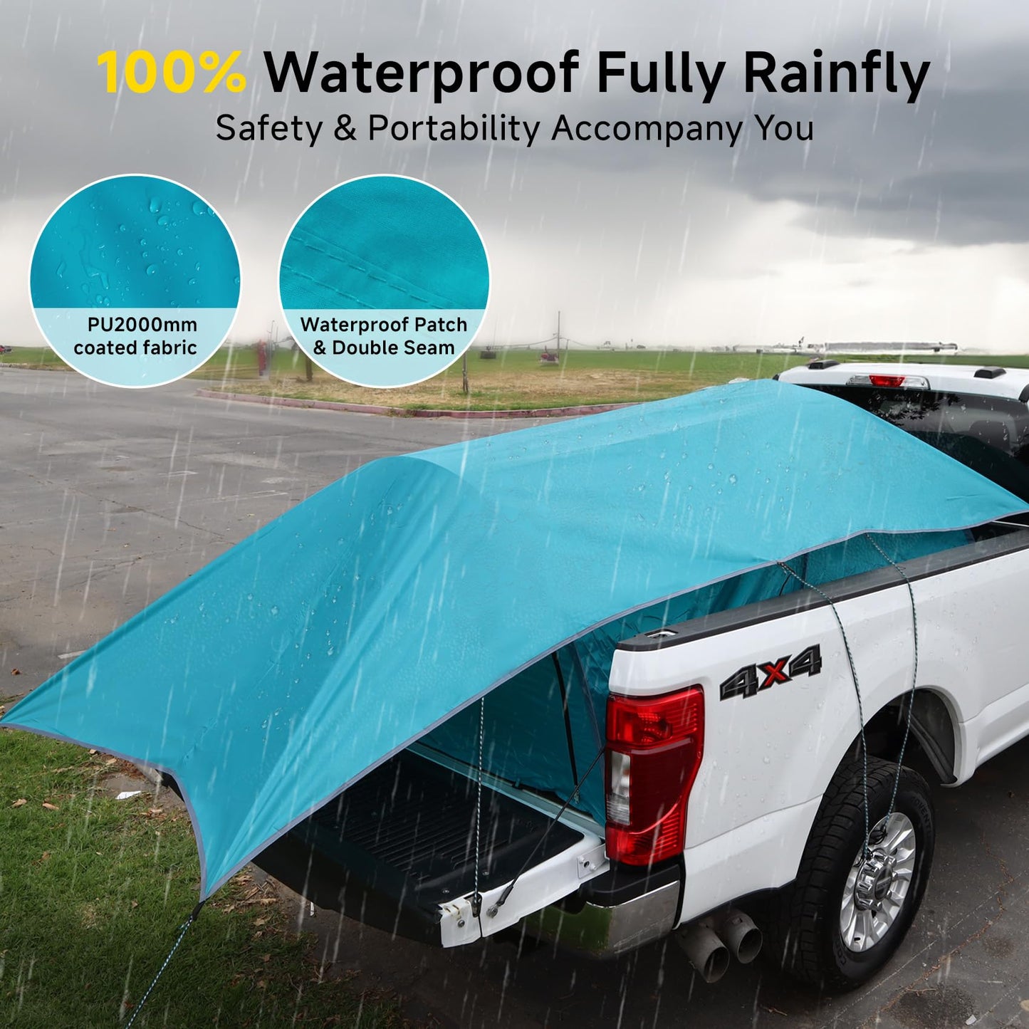 EighteenTek Adjustable Pickup Truck Tent Pop Up, Waterproof PU2000mm Spacious and Full Size Double Layer Length Adjust for 6-8.8 FT Truck Bed Tent for 4 Person Portable Pick Up Tent for Camping