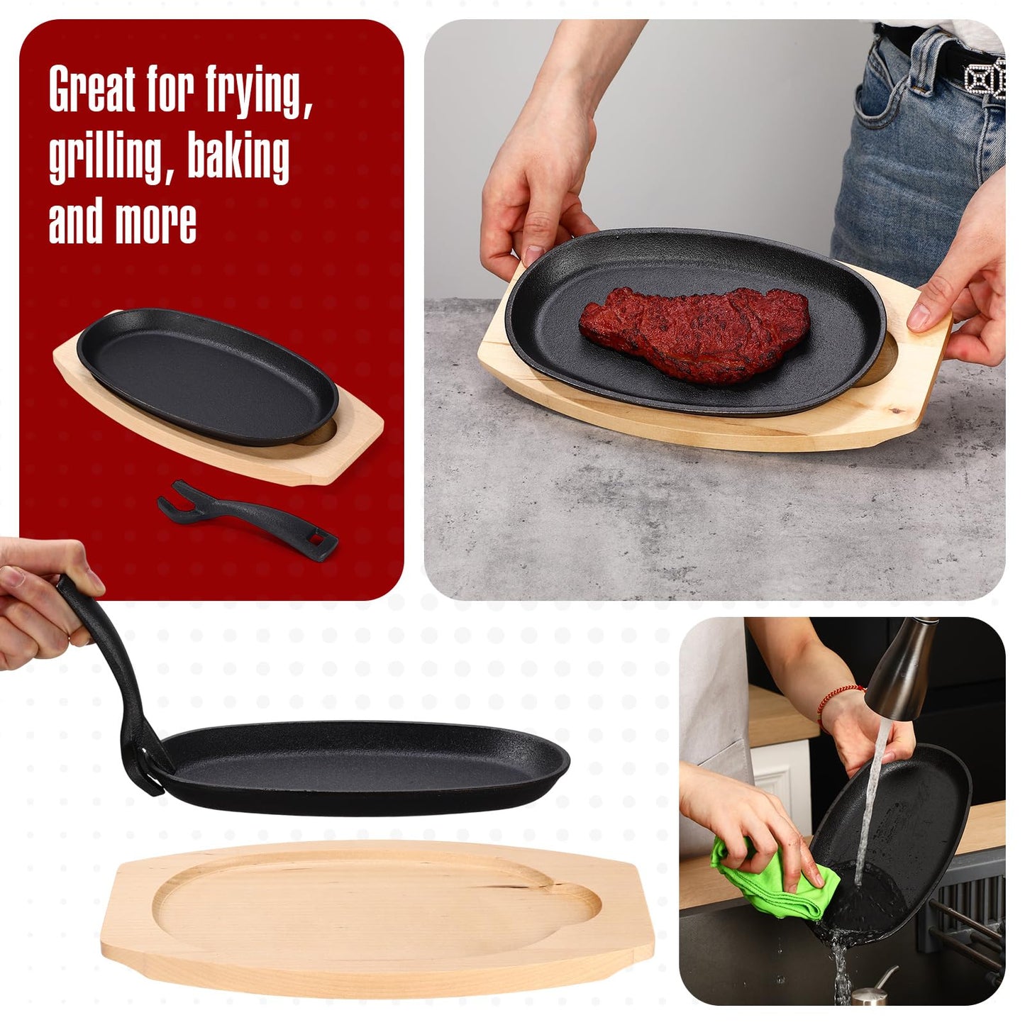 Mifoci 20 Pieces Oval Cast Iron Fajita Skillet Pan Set Small Sizzling Steak Plate with Wooden Base and Handle Cast Iron Fajita Skillet Sizzling Plate for Home, Restaurant, Kitchen, BBQ, Wedding