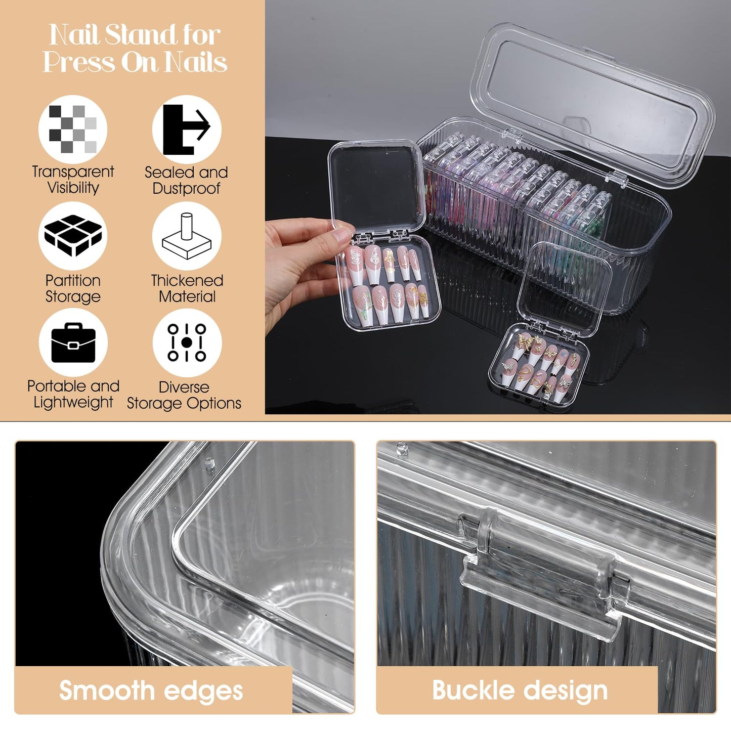 Press On Nail Orgnizer 14 PCS Clear Press On Nail Storage Boxes and 1 Big Storage box with 60 Pcs Adhesive Double Sided Tape, On Packaging for Fake Display Salon