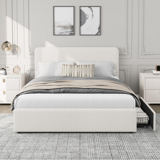 GarveeHome Modern Upholstered Platform Bed Frame with Headboard and Storage Drawers – Strong Wood Slats, Noise-Free, No Box Spring Needed, Easy Assembly – Full Size, Corduroy Neutral-White Tone