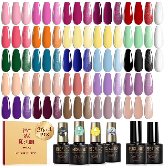 ROSALIND 30pcs Gel Nail Polish Set with Base and Glossy & Matte & Glitter Top Coat, 26 Colors Gel Polish Set Pink Nude Red Yellow Green Black White Nail Kit LED Needed Salon DIY Home Gift for Women