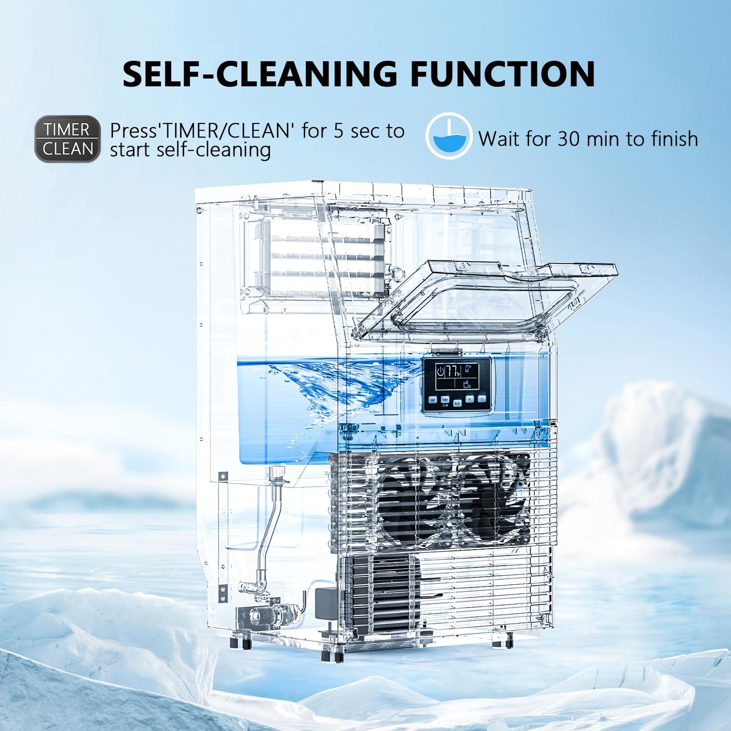 Electactic Commercial Ice Maker Machine, 66Lbs/24H with 8Lbs Storage Capacity, 32 Ice Cubes in 12-20 Mins, Self-Cleaning, Freestanding for Compact Cafe/Bar