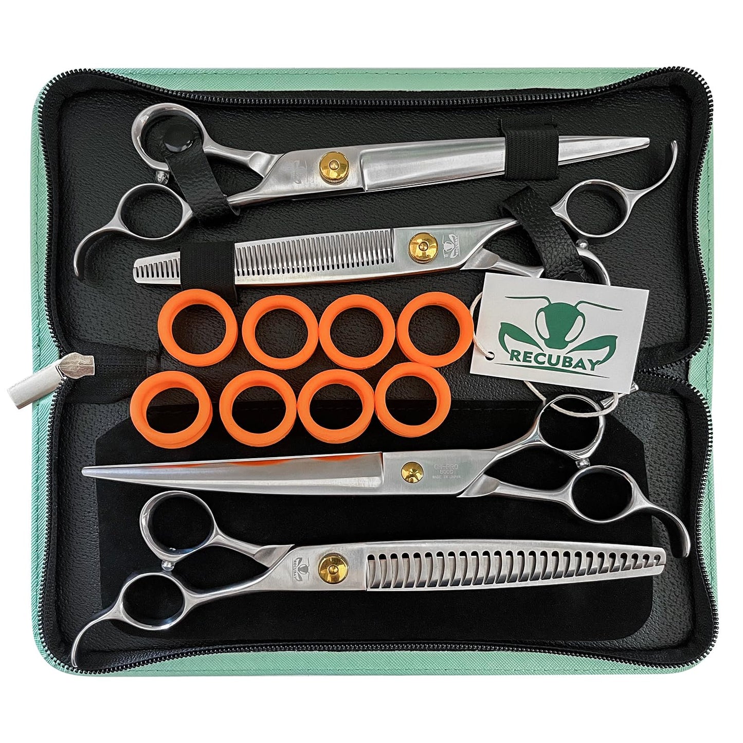 Recubay Gold Mantis Grooming Shears, Set with Matte Deluxe 440C Stainless Steel, Professional Grooming Scissors Kit, Any Skill Level(8.0" 4 Piece Set)