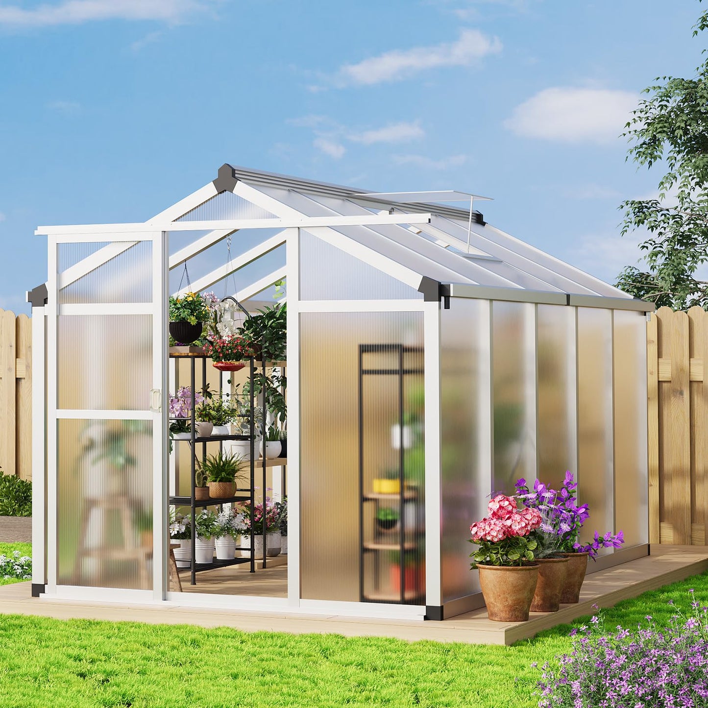 GAOMON 6 x 10 ft Greenhouse for Outdoor with Sliding Door, Green House with Polycarbonate Panel & Ajustable Roof Vent & Ground Nails, Walk-in Aluminum Greenhouses for Garden, Patio