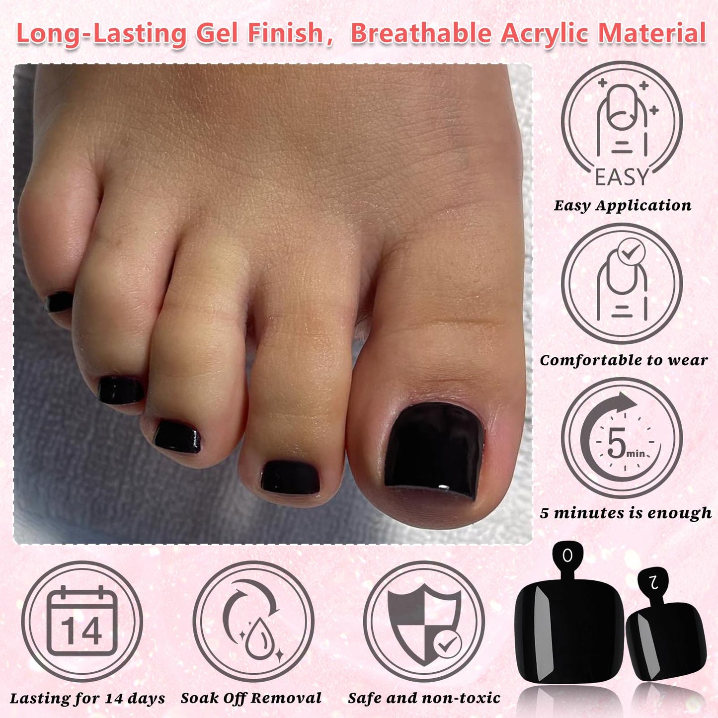 EternalClassic 144pc Press on Toenails for Women Toe Nail Press ons Short Square with Glue&Jelly Glue, Black Fake Toe Nails Glue on Toe Nails, Full Cover Acrylic Artificial Toe Press on Nails