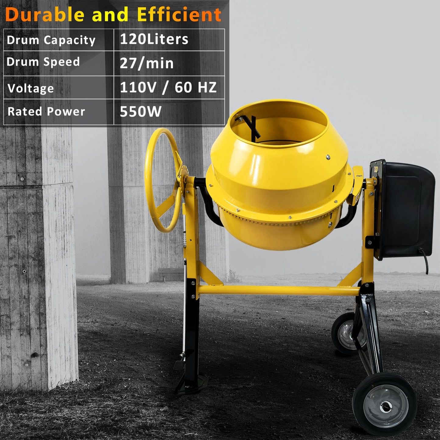 HIGOSPRO Portable 4.2 Cu Ft Concrete Cement Mixer, 3/5 Hp Electric Mixer Machine with Wheel & 120L Freestanding Barrow Machine, Portable Cement Mixing Machine for Stucco, Mortar Seeds