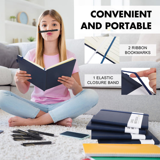 Aodaer 30 Set Lined Notebook Journals with Pens A5 Notebooks 100 GSM College Ruled Hardcover Notebook PU Leather Notepad with Pen Holder for Office School, 5.7 x 8.3 Inches, Navy Blue