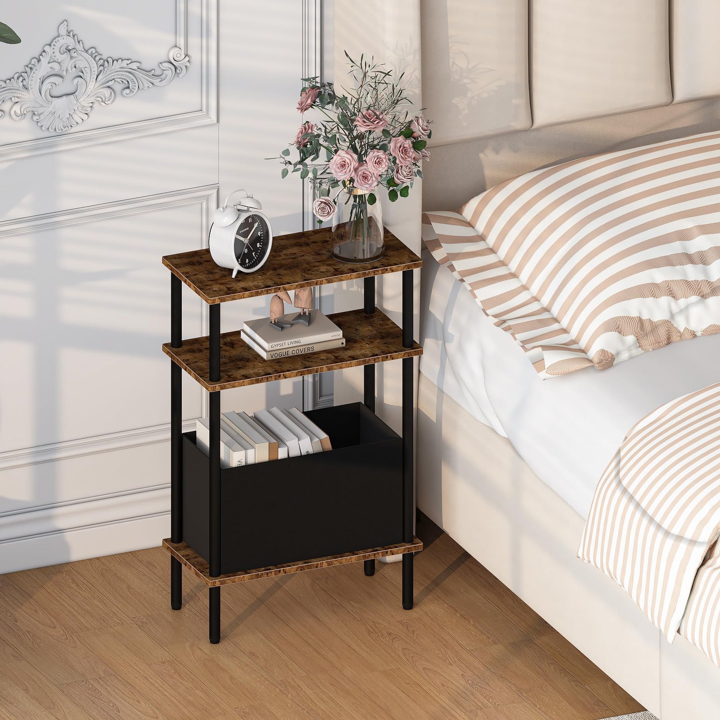 Newmics Narrow Side Table with Fabric Basket, Set of 2 End Table for Small Spaces, Slim Nightstand with 3-Tier Storage Shelf, Sofa Beside Table, for Living Room, Bed Room, Rustic Brown