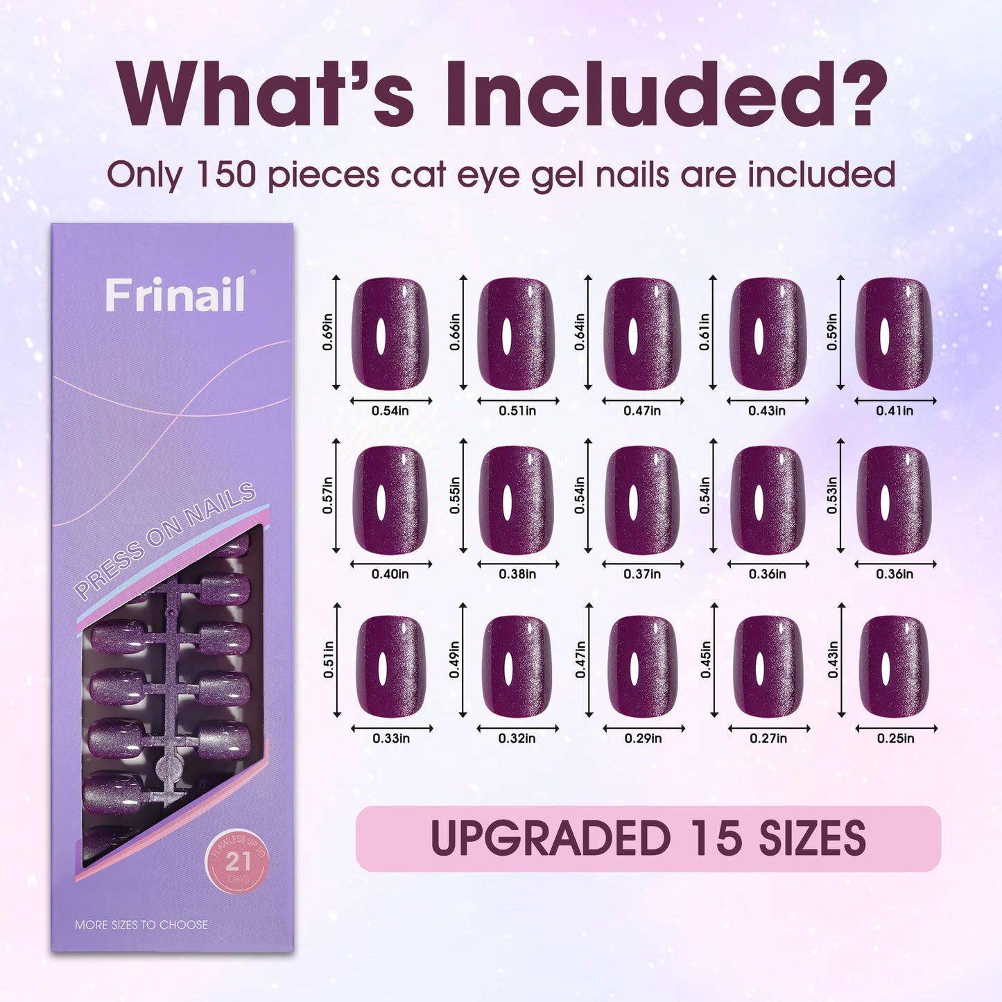Frinail 150Pcs Cat Eye Press on Nails Short Square, Soft Gel Fake Nails, Purple Glossy Glitter Cat Eye Nail Tips for Women and Girls Stick On Nails in 15 Sizes