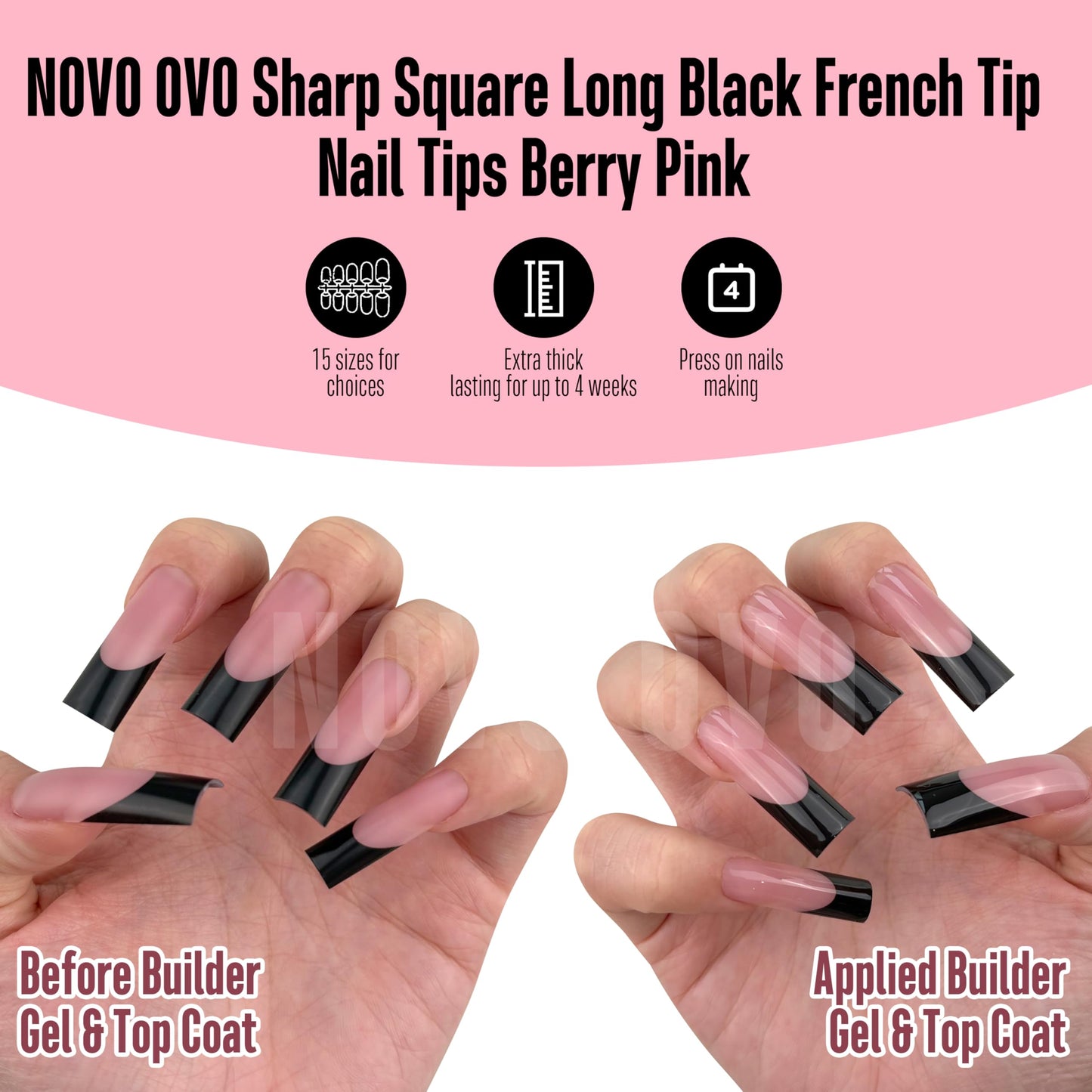 NOVO OVO Long Sharp Square Black French Tip Nail Tips Press on BERRY PINK, Extra Thick NEED Builder Gel & Top Coat & Glue, Soft Gel full Cover False Fake Nail Extension for Salon DIY x 15 Sizes 180 pc