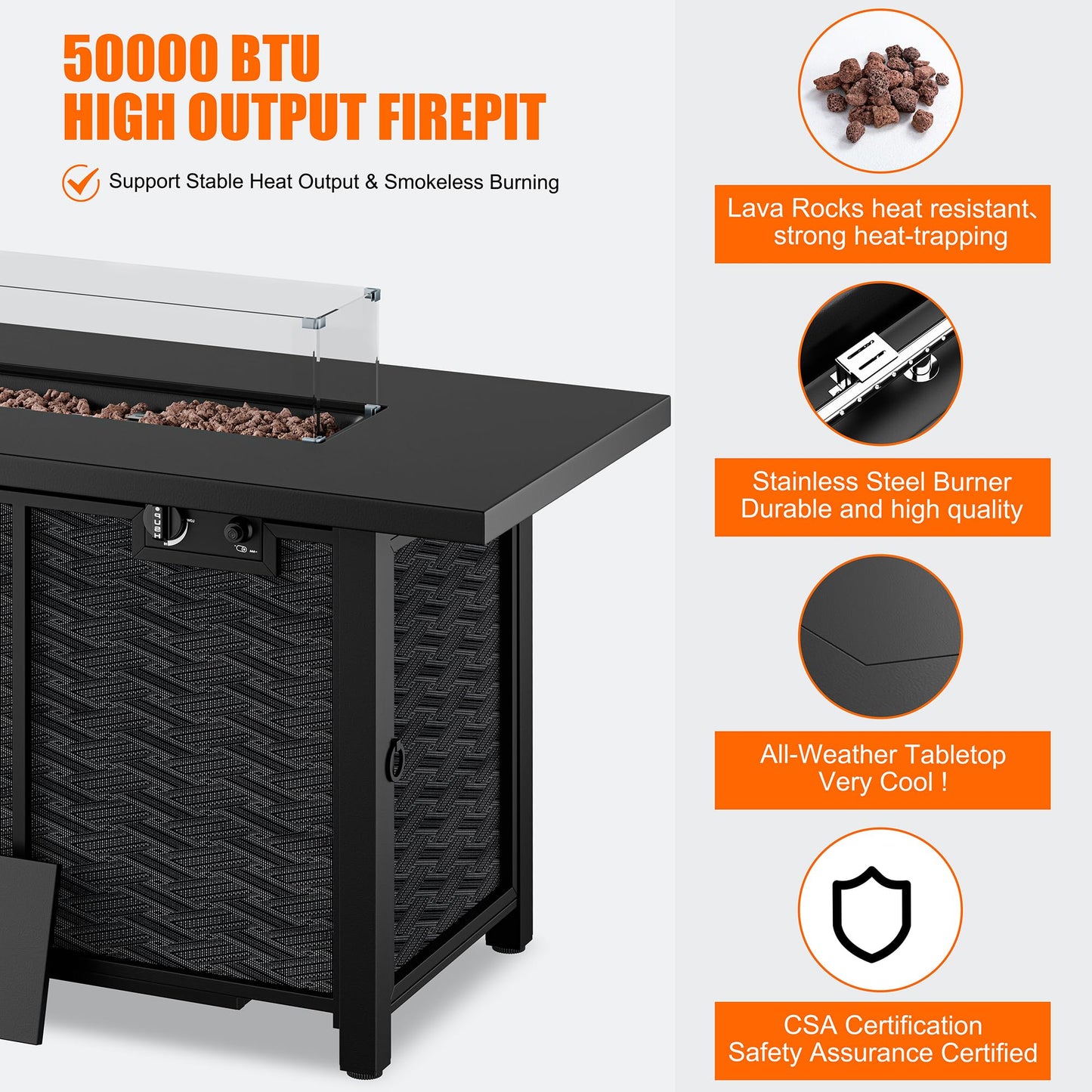 Shintenchi Propane Fire Pits 43″ Outdoor Gas Fire Pit, 50,000 BTU Rectangle Gas Fire Pit Table with Lava Rocks, 2-in-1 Fire Table with Removable Lid, CSA-Certified for Outside Patio,Parties,Backyard