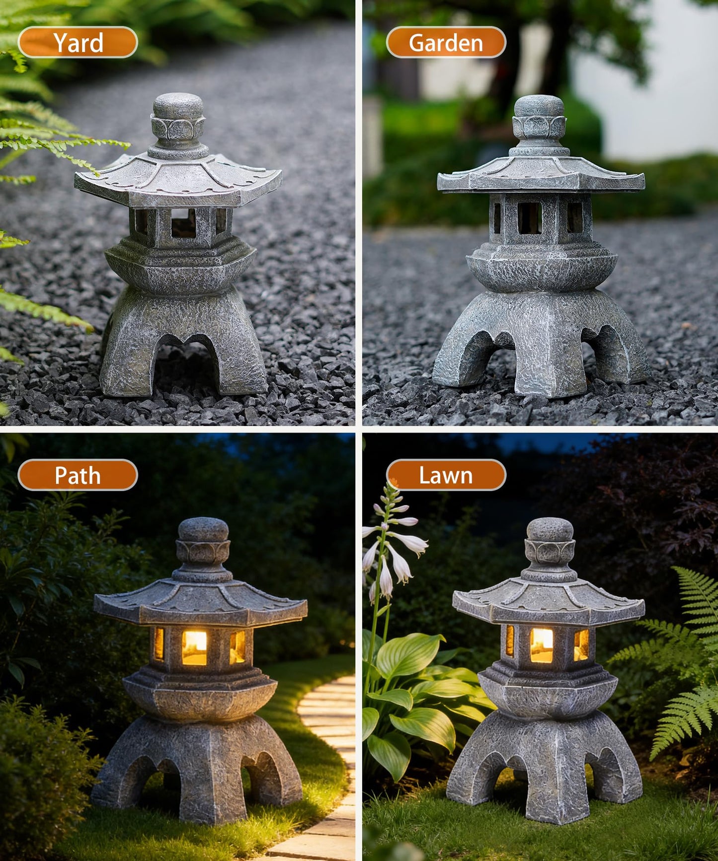 Nacome Solar Pagoda Lantern Garden Statue,Indoor/Outdoor Zen Asian Decor for Landscape Balcony,Garden,Patio,Porch Yard Art Ornament,Polyresin, Stone Finish