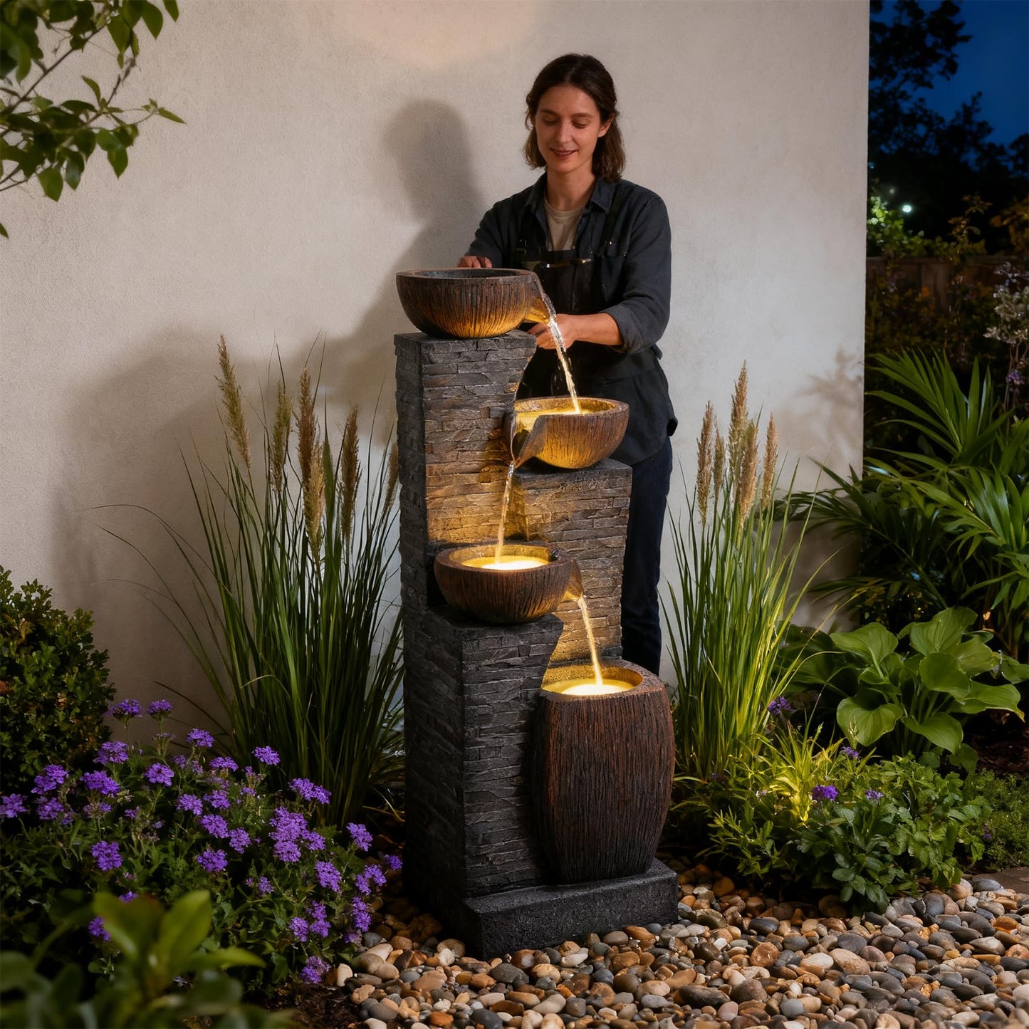 Pivotify 38.2" Tall Water Fountain Outdoor Garden,4 Tiers Modern Cascading Bowls and Stacked Stones Indoor Fountains with LED Lights for Garden, Patio, Deck, Porch, Backyard and Home Art Decor(Grey)