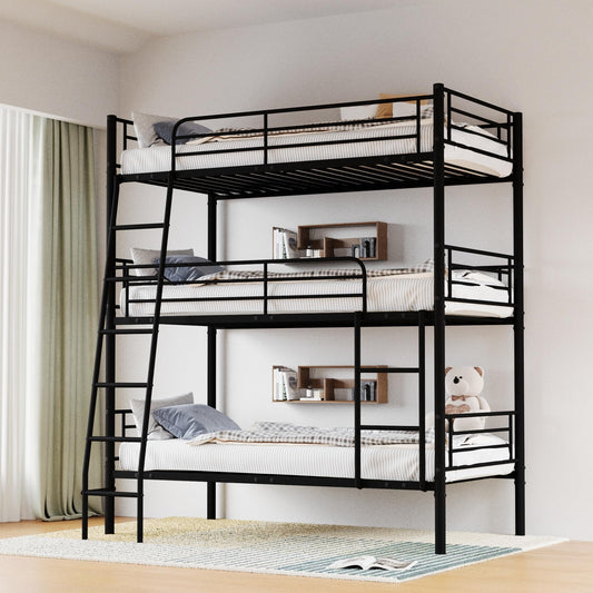 KEIKI Triple Bunk Bed Twin Size,Convertible Metal 3 Tier Bunkbeds with Built-in Ladder,Safety Guardrails,Detachable to 3 Single Beds,for Teens,Adults Bedroom,Dorm,Guest Room,No Box Spring Needed,Black