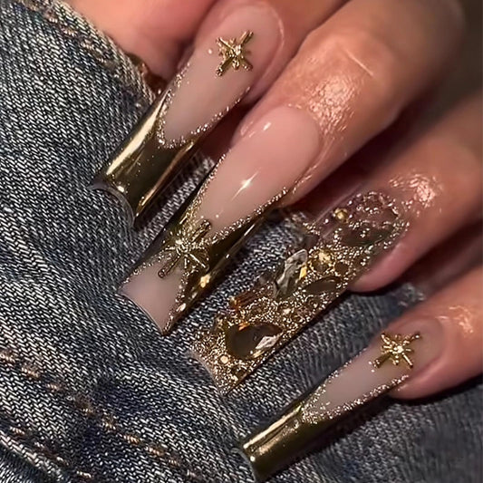 MISUD Press on Nails - Long Square Fake Nails with Gold Chrome, Acrylic Bling Glitter Rhinestone Design 24 pcs