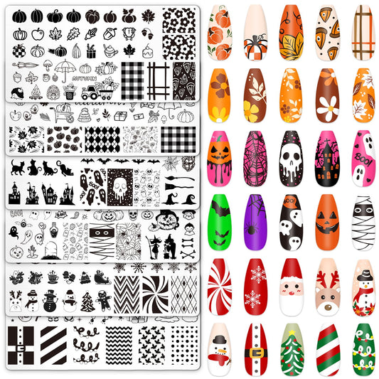 Whaline 6Pcs Fall Halloween Christmas Nail Plates Stamping Set Pumpkin Ghost Snowman Stamp Templates Nail Art Plates for DIY Print Manicure Salon Design