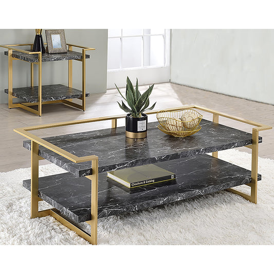 24/7 Shop at Home Daphne Modern Metal Faux Marble Top 2-Piece Coffee Table Set with Open Shelves for Living Room, Bedroom, Home Office, Gold and Black