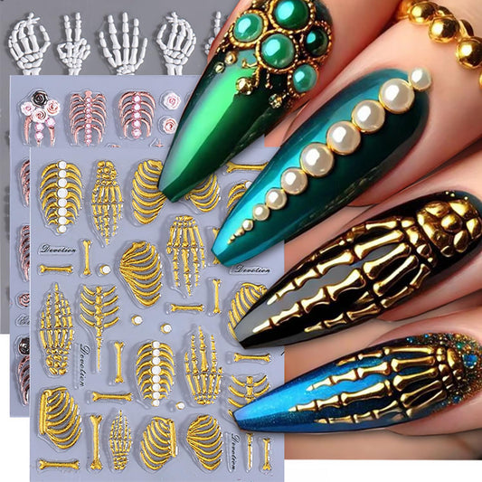3 Sheets Halloween 5d Embossed Skeleton Nail Stickers for Nail Art Rose Flower Skeleton Nail Decals Self-Adhesive Pink Gold Nail Design Stickers Holiday Nail Art Supplies for Women Acrylic Nails