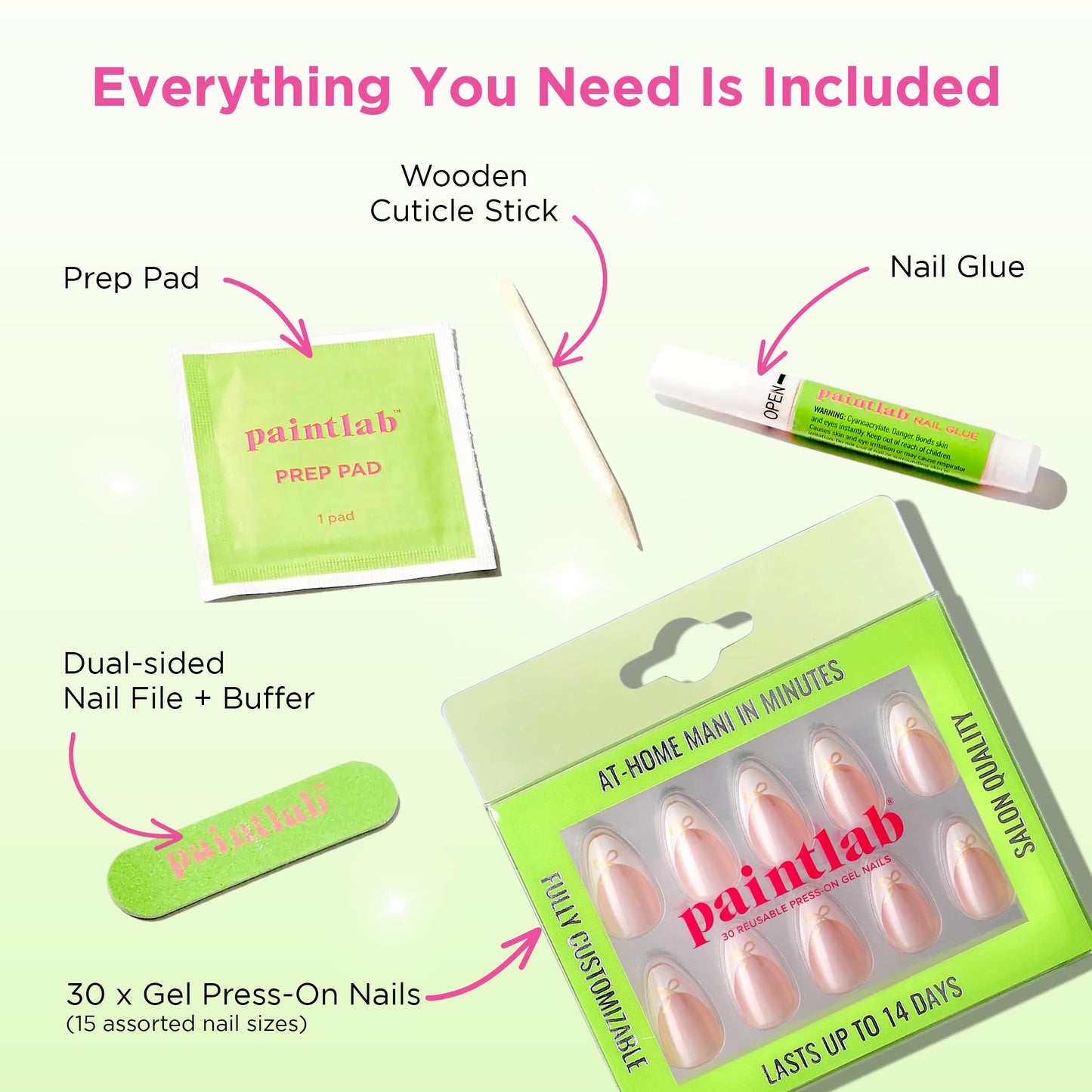PaintLab Press On Nails - Frenchie Bow Short Almond Fake Nails, 30 Nails in 15 Sizes with Glue, White French Tip Reusable Salon Quality Press On Nails