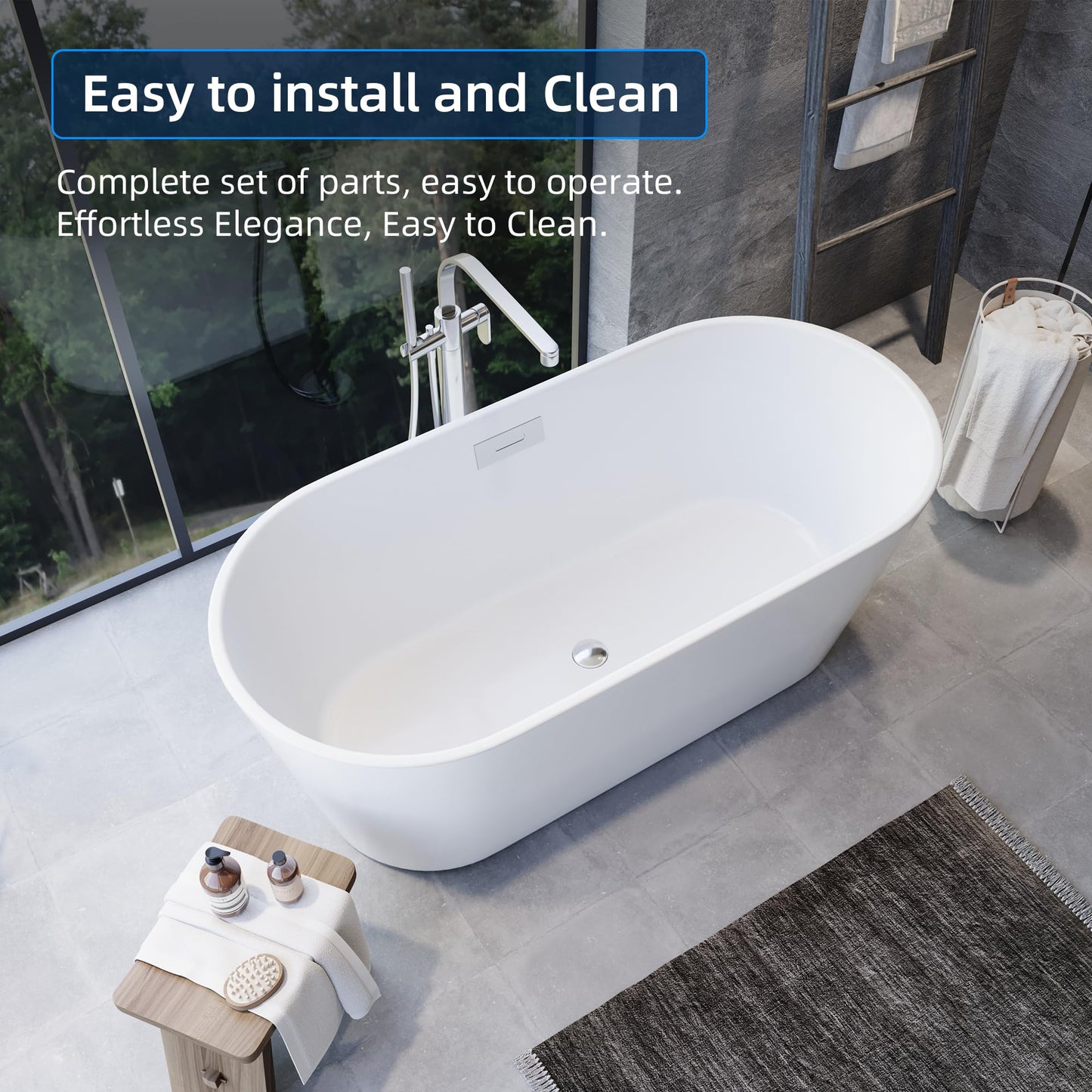 59'' Freestanding Bathtub, Deep Soaking Tub for Adults, Stand Alone Tub with Integrated Overflow Drain, cUPC Certified Modern Bathroom Tub, Acrylic, White