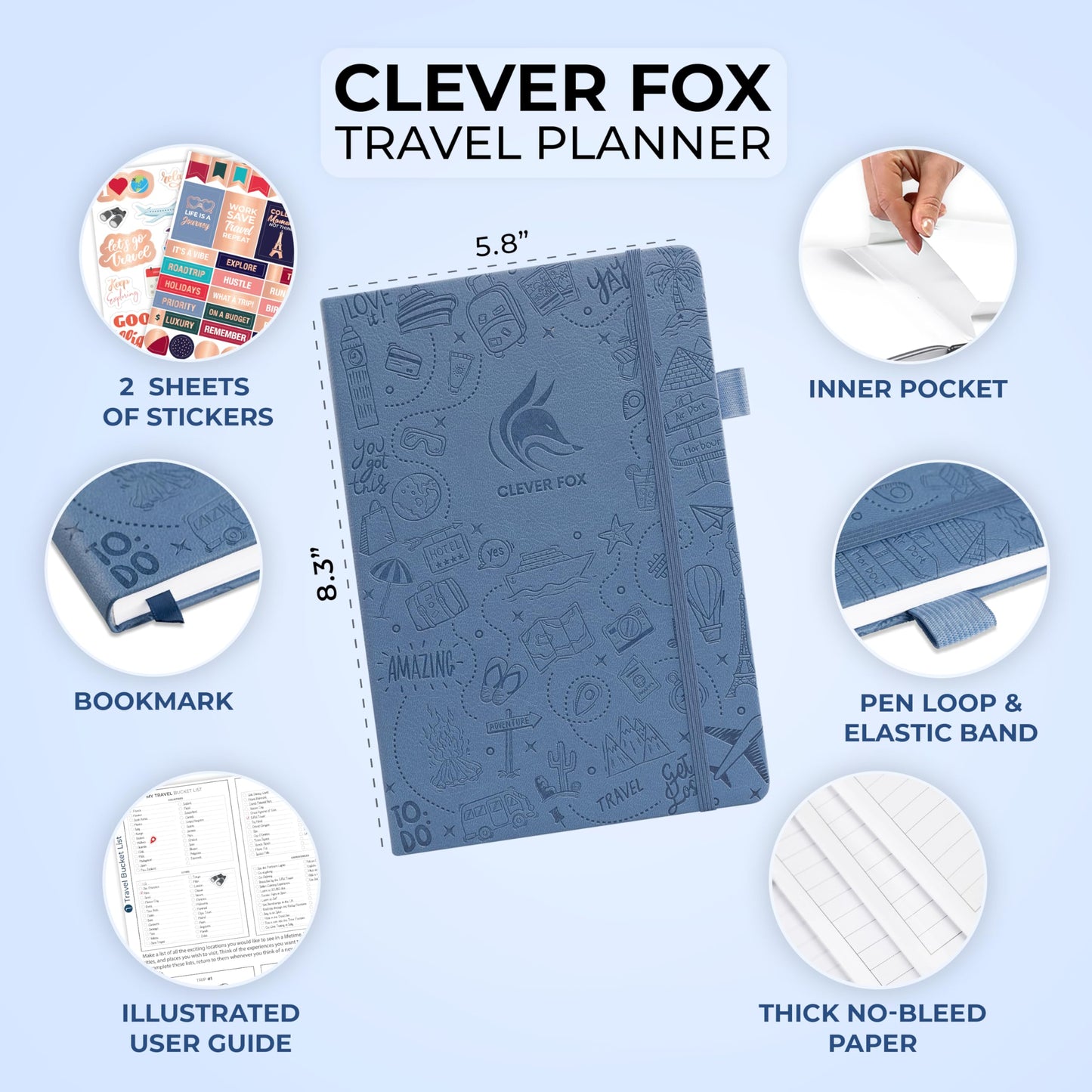 Clever Fox Travel Journal – Vacation & Trip Organizer with Budget Plan, Packing List, Travelling Expense Tracker, A5 (Smoke Blue)