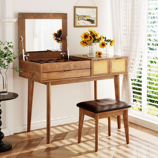 GDFStudio 43.3" Makeup Vanity Set with Flip Top Mirror, Brown Classic Wood Dressing Table with Three Drawers, Upholstered Stool, Hidden Mirror Design, Storage Vanity Furniture for Bedroom