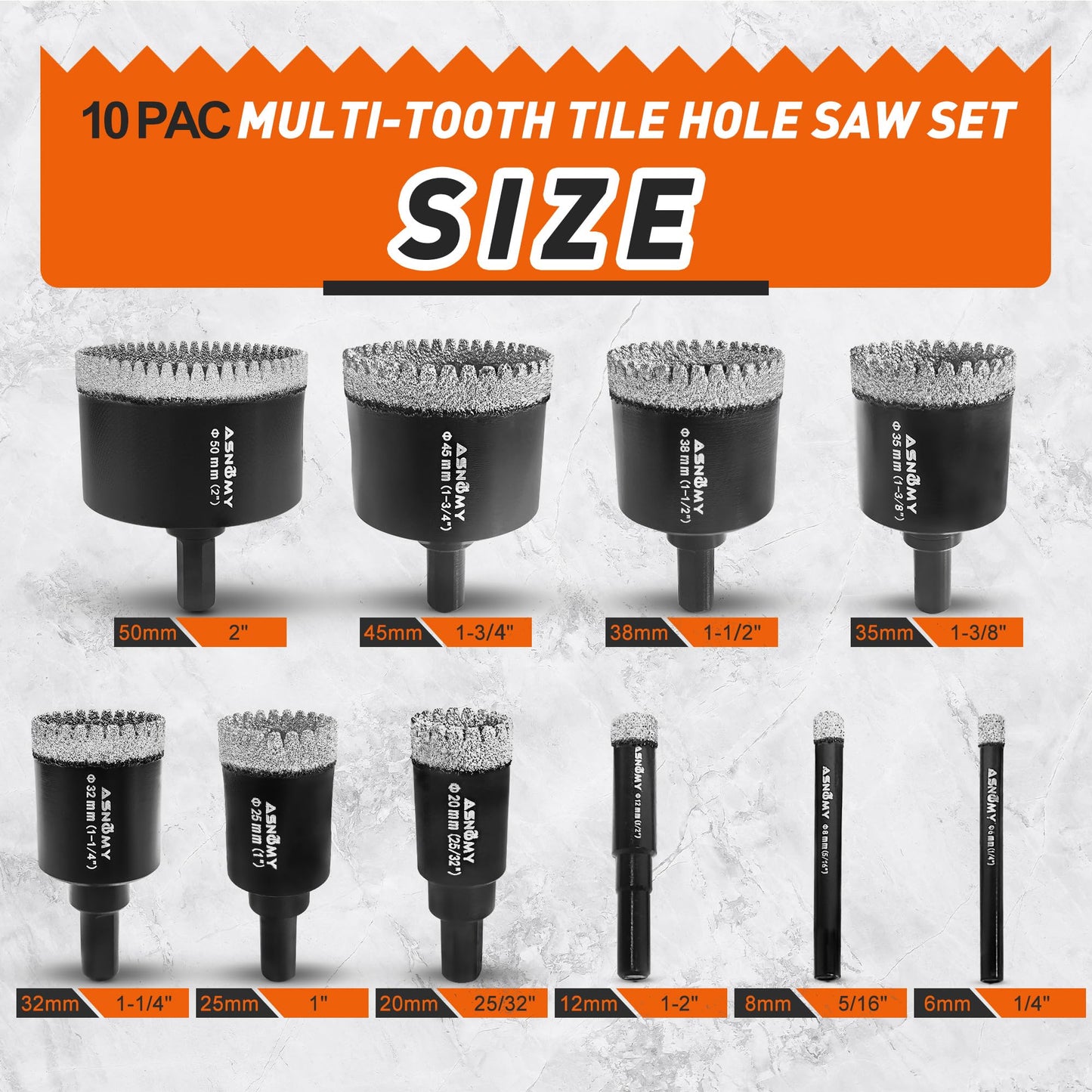 ASNOMY 10PCS Diamond Hole Saw Set, 1/4"-2" Inch Serrated Brazing Tile Hole Saw Diamond Core Drill Bits Set with EVA Mold Hole Saw Guide Jig for Porcelain Tile Glass Ceramic Stone Granite Marble