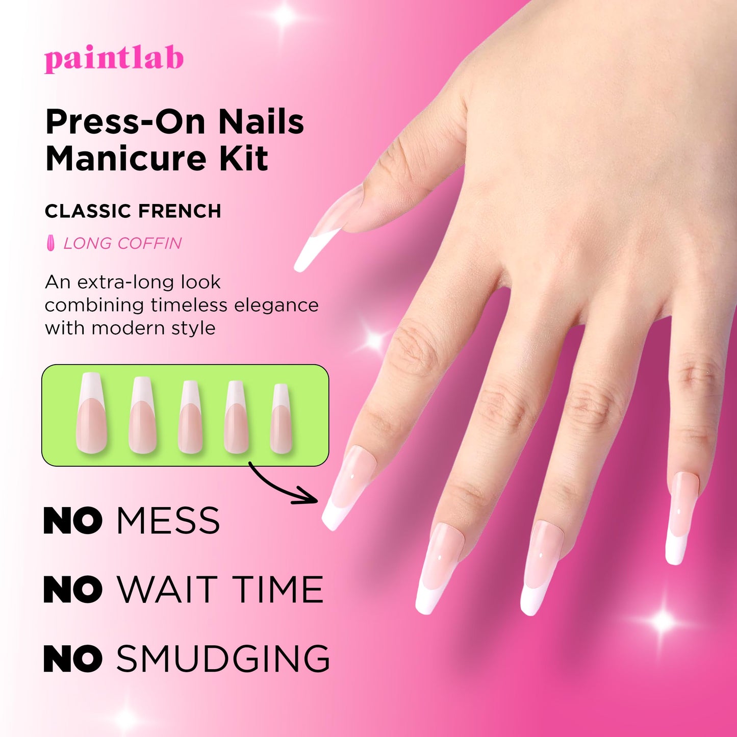 PaintLab Press On Nails - French Tip Classic Coffin Fake Nails, 30 Nails in 15 Sizes with Glue, Reusable Salon Quality Press On Nails