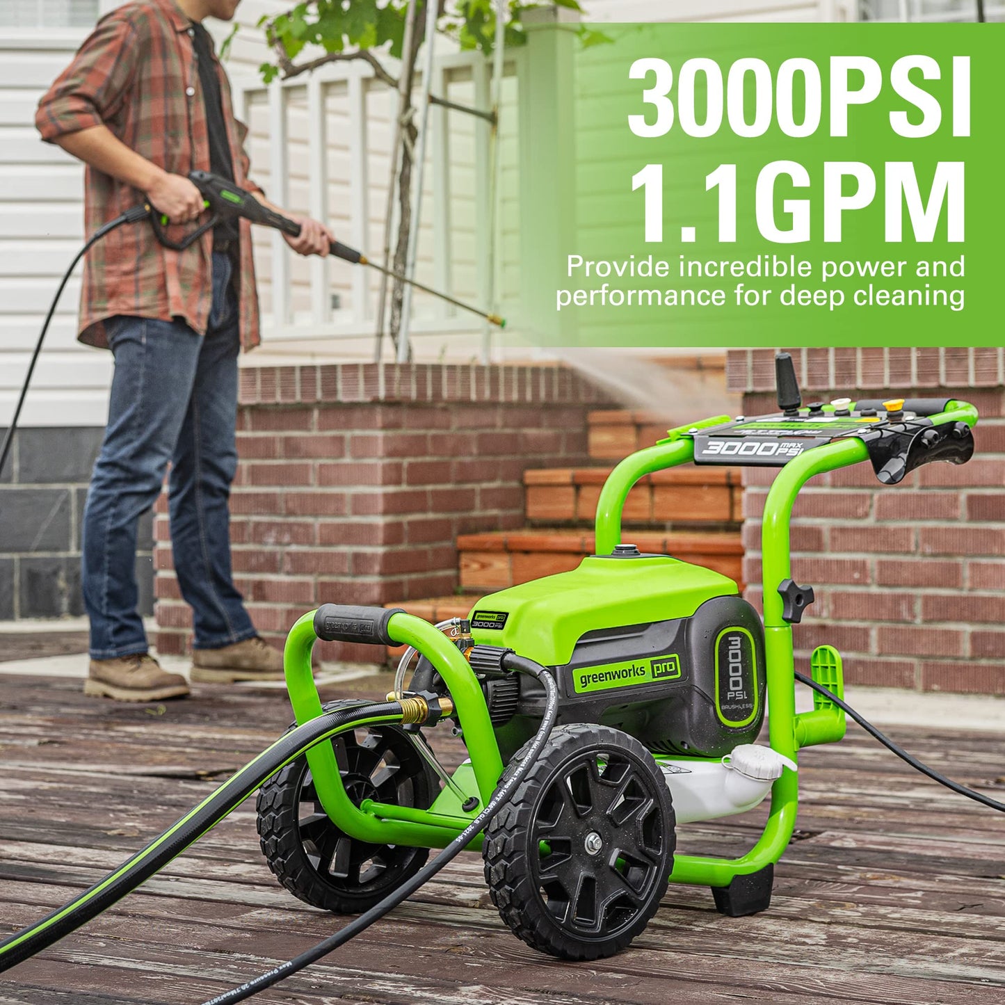 Greenworks Pro Brushless 3000 PSI (CSA Certified) 2.0 GPM Max / 1.1 GPM Electric Pressure Washer (Rugged Steel Frame, 25 FT Hose, 35 FT GFCI Power Cord)