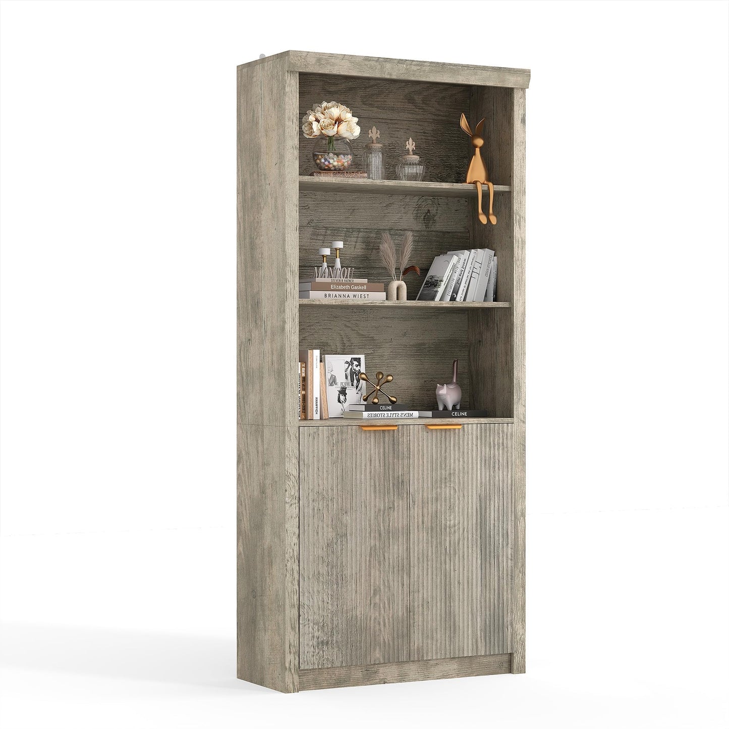 Garvee 71" Tall Bookshelf with Fluted Doors, 5 Tier Bookcase Display Shelves with Storage Cabinet & Adjustable Shelf, Mid-Century Modern Bookshelves for Home Office, Living Room, Oak