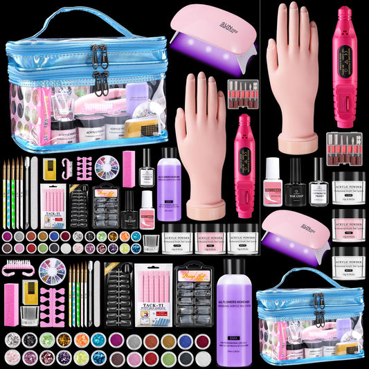 Nail Kit for Beginners with Everything: Professional Acrylic Powder Liquid Set with Nail Practice Hand Drill U V Light in Cosmetic Bag Gift for Women Salon Home (Blue)