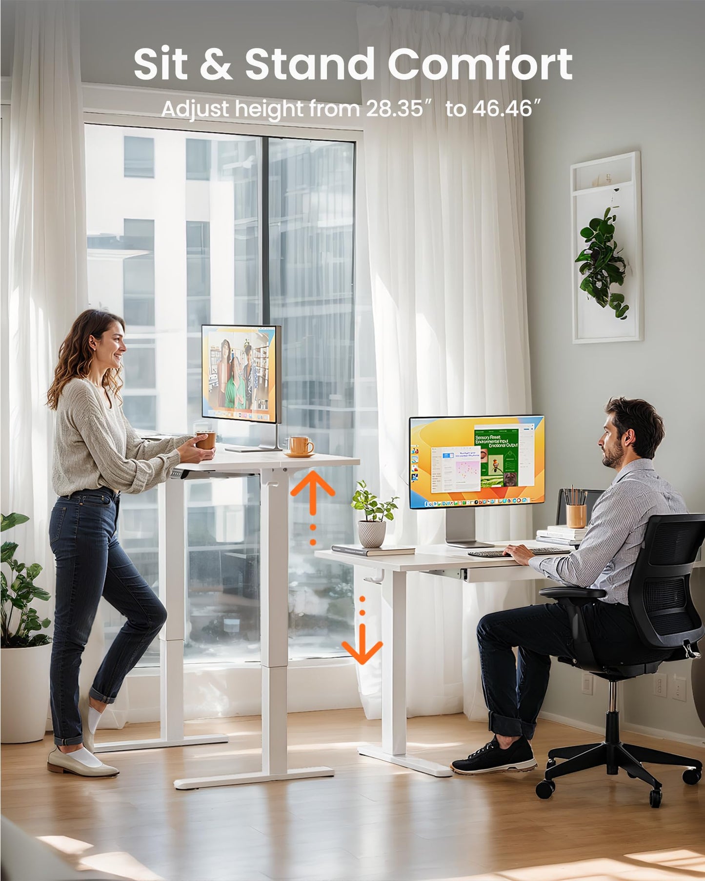 ErGear 44 inch Electric Standing Desk with Drawers, Adjustable Height with Storgear, 4 Memory Height Settings, Sit Stand Up Desk for Home Office & Computer Workstation, White