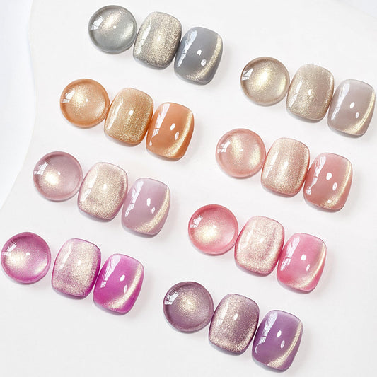 MIZHSE Cat Eye Gel Nail Polish, 8 Colors Glass Magnetic Gel Polish Set with Magnet Stick, Crystal Jelly Pink Purple Colors with Gradual Gold Cat Eye Effect Nail Gel Soak Off Nail Art Valentine's Gift