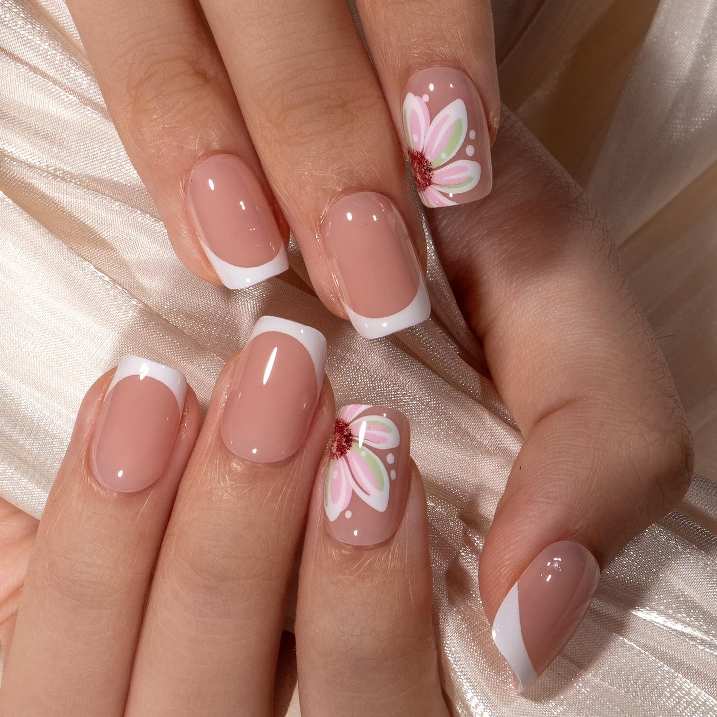 Curvlife Soft Gel Press on Nails, French Flower Nail Tips, Full Cover Short Design Reusable Fake Nails Kit with Glue and Adhesive Tabs