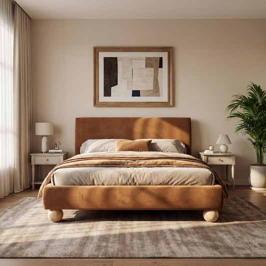 Christopher Knight Home Noko Velvet Upholstered Queen Bed Frame with Headboard, Platform Bed Frame Queen Size and Round Solid Wood Legs, Wooden Slats Support Bedframe, No Box Spring Needed, Brown
