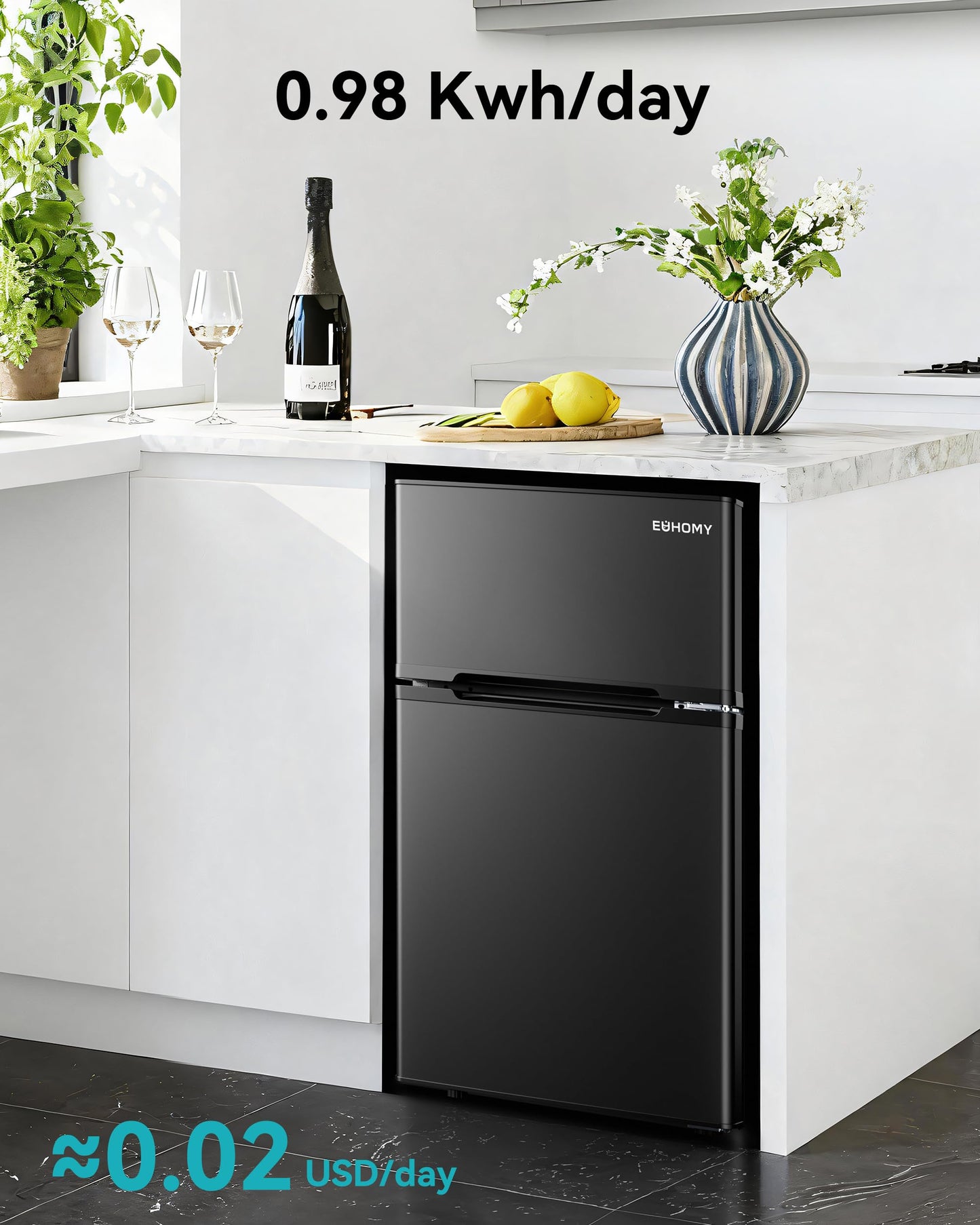 EUHOMY 3.2 Cu.Ft. Refrigerator with Freezer, 2 Door Fridge, Adjustable Thermostat，Large Capacity, Refrigerator for Kitchen/Dorm/Office/Apartment - Food Storage or Cooling drinks, Black