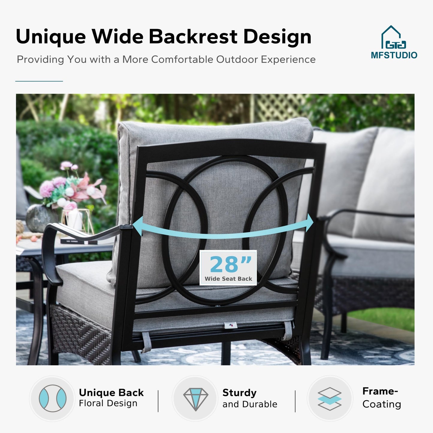 MFSTUDIO 4 Pieces Outdoor Patio Furniture Set, Metal Outdoor Conversation Set, Rattan Wicker Patio Sectional with 2 x Swivel Single Sofa, 3-Seat Sofa, 1 x Coffee Table, Grey
