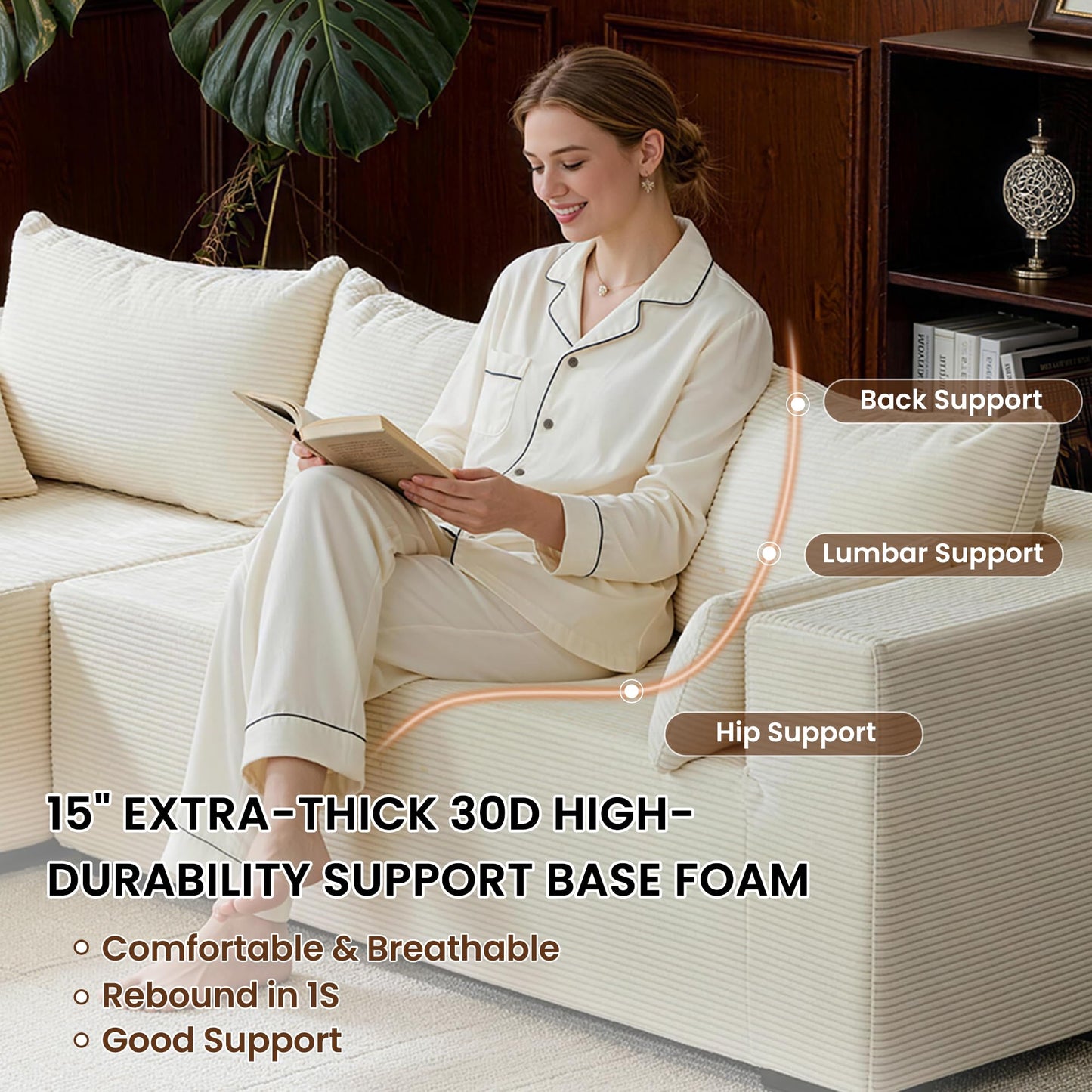 106" Cloud Sectional Boneless Couches for Living Room, Modular L Shaped Couch with Deep Seat Oversized Left Facing Chaise, Memory Foam Compressed Spineless 3 Seater Sofa for Bedroom Apartment, Beige