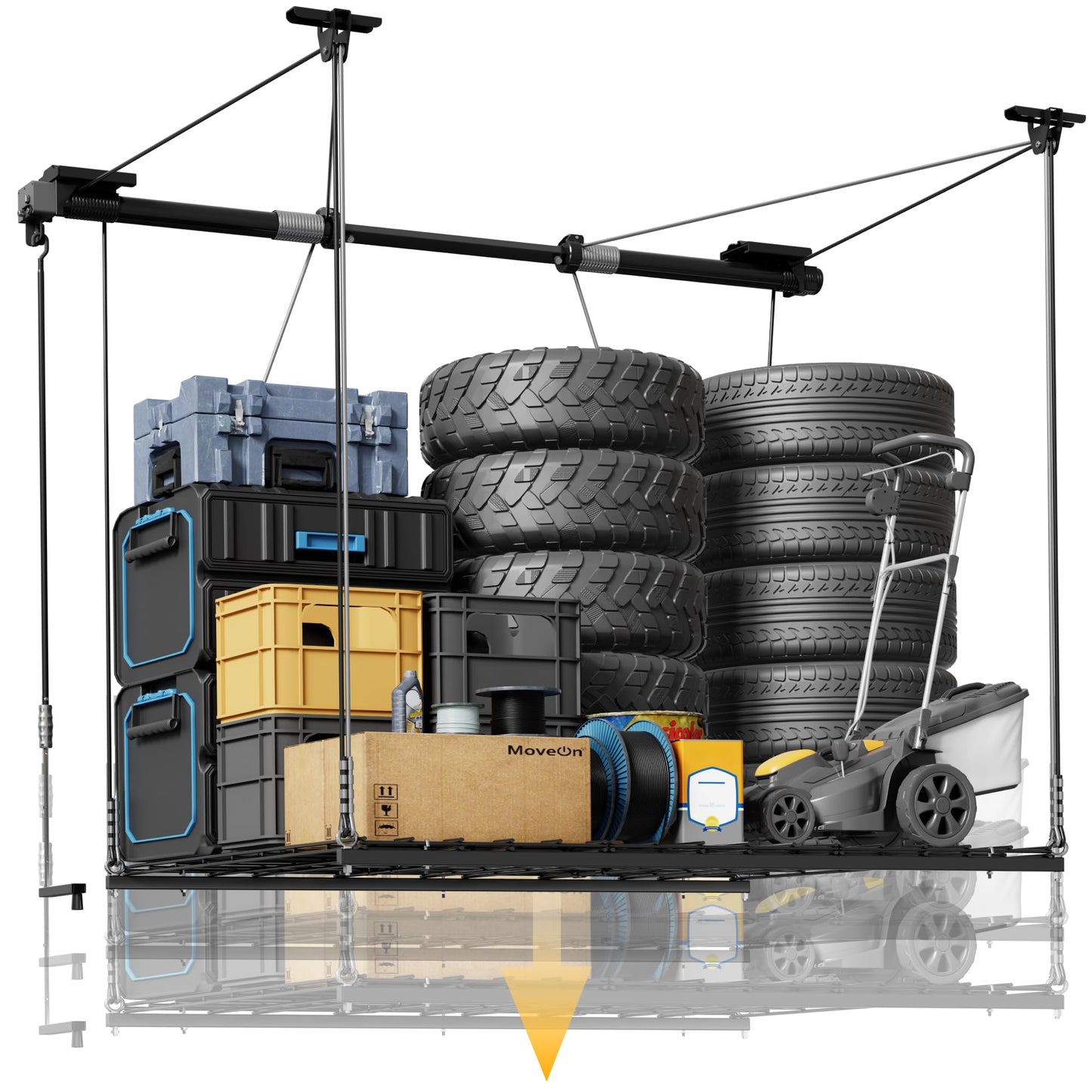 FLEXIMOUNTS Garage Ceiling Lifting Storage Rack, 4x4 Ft Heavy-Duty Metal Frame, Overhead Storage System With 350lbs Load Capacity, Matt Black