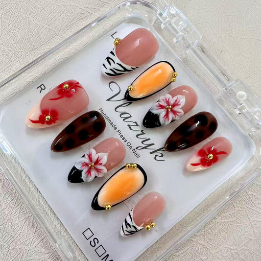 Handmade Press On Nails – Luxury 3D Flower French Tip Designs ， Medium Almond Reusable False Nails for Women & Girls ，Salon-Quality Autumn Winter Nail Art (10PCS)