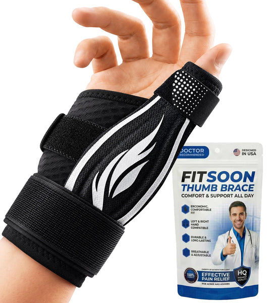 FITSOON Thumb Support Brace | Upgraded Thumb Spica Splint Stabilizer Pain Relief Night Support for De Quervain’ s Tenosynovitis Trigger Finger Arthritis Sprains | Breathable Fabric (Milky White/Black, S/M _ Fit both hands)