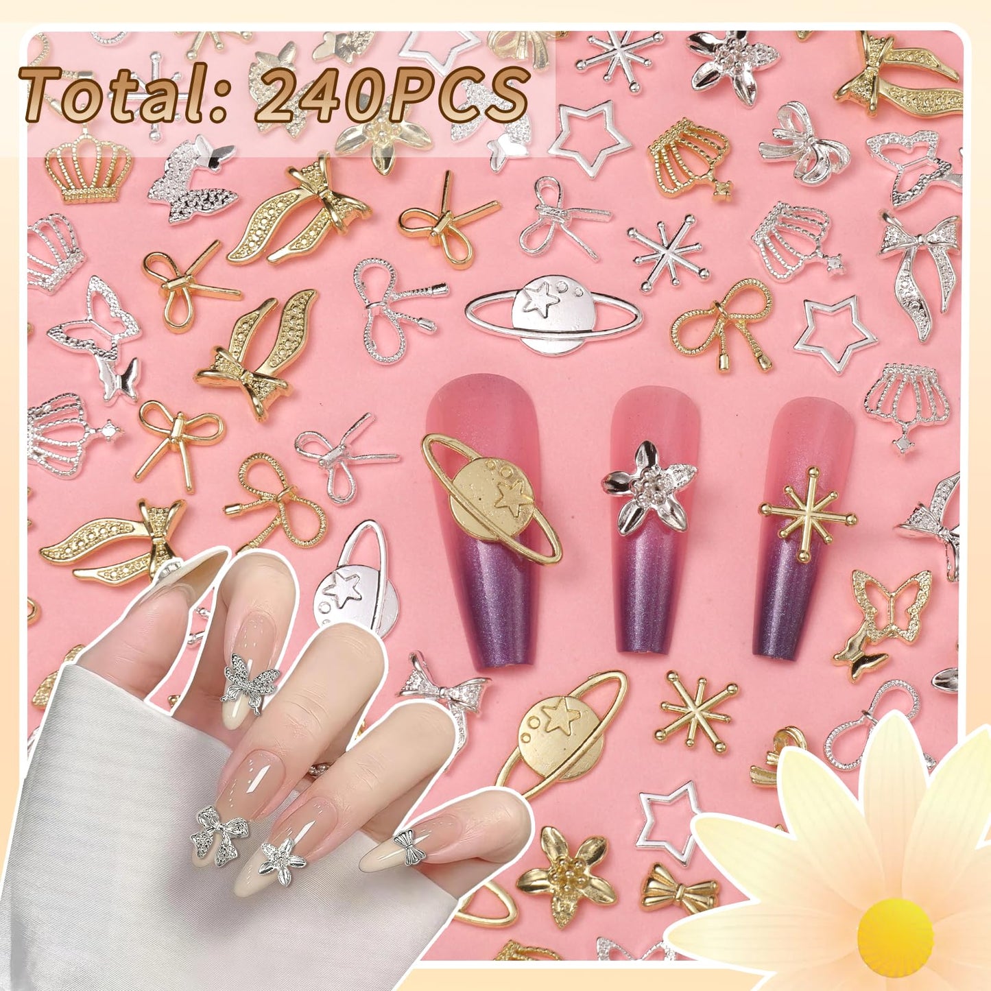 240 Pcs Gold Silver Nail Charms Kit, 3D Crown Bows Cross Metal Nail Charms, Planet Star Dollar Alloy Nail Gold Charms Butterfly Nail Art Charms for Acrylic DIY Nails Designs