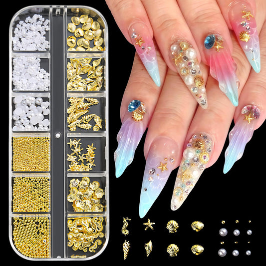 Summer Nail Charms 3D Steel Studs Metal Art Charms Pearls Seashell Starfish Gold Nail Rhinestones Ocean Theme Designs Conch Alloy Nail Rivets Caviar Beads Nail Supplies for Women Manicure 12 Grids