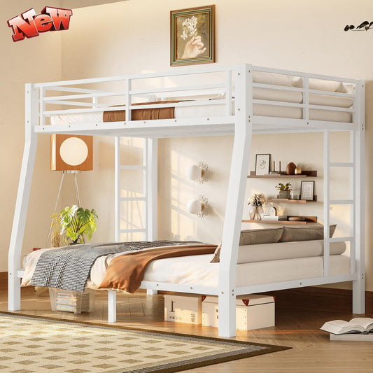 SICONE Stronger & Upgraded Heavy Duty Metal Bunk Bed Frame Full XL Over Queen Size, Safer Thickened More Stable Steel Bunkbed (White,Full XL Over Queen)