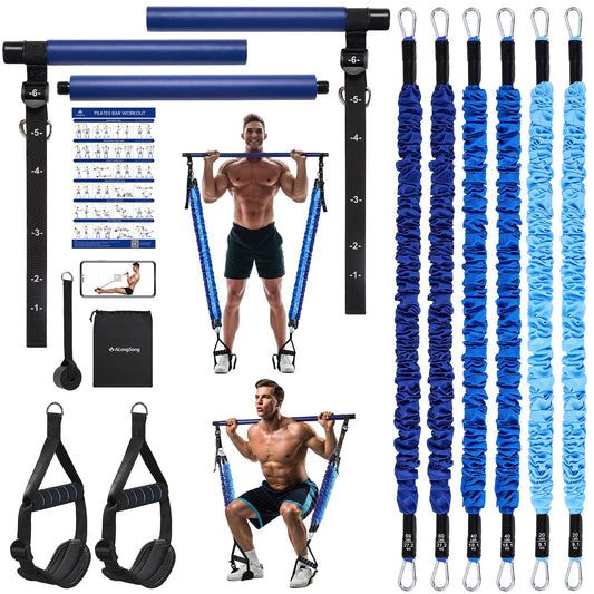 ALongSong Upgraded Pilates Bar Kit with Resistance Bands Natural Latex, Heavy-Duty Stainless Steel Multifunctional Yoga Pilates Stick for Home Gym Exercise Fitness Equipment Full-Body Workouts