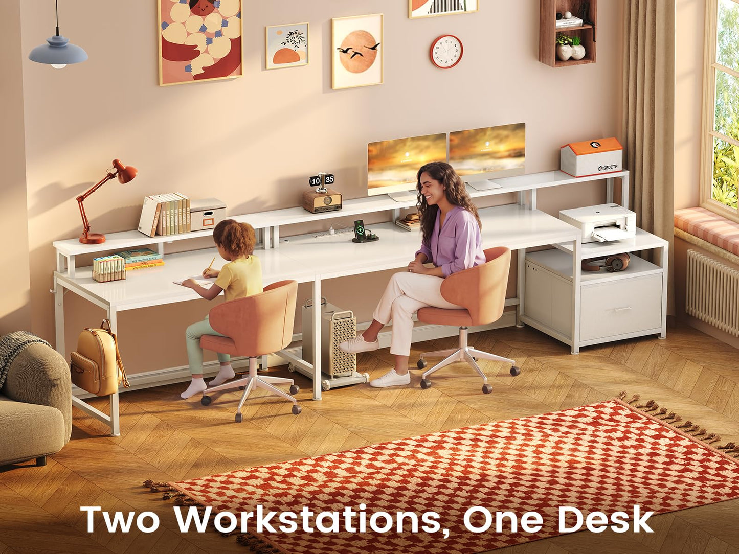 SEDETA 66" L Shaped Desk with Power Outlet, Reversible Home Office Computer Desk with File Drawer & Monitor Shelf, Storage Shelves, LED Lights for Corner Small Spaces, White