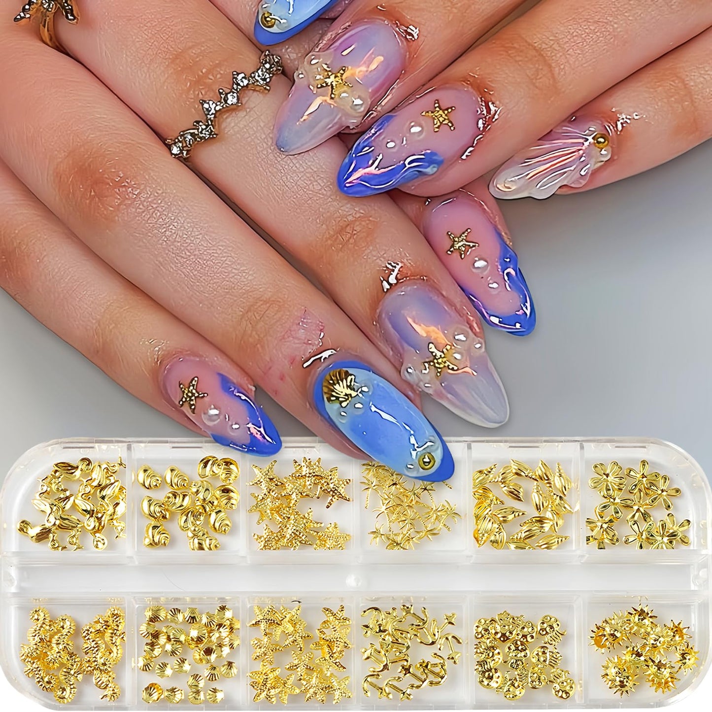 Gold Nail Charms Summer Ocean 3D Metallic Sun Flower Seahorse Jellyfish Starfish Nail Rhinestones Alloy Shell Coconut Tree Nail Jewelry Mixed Style Metallic Nail Rivets Nails Supplies for Women
